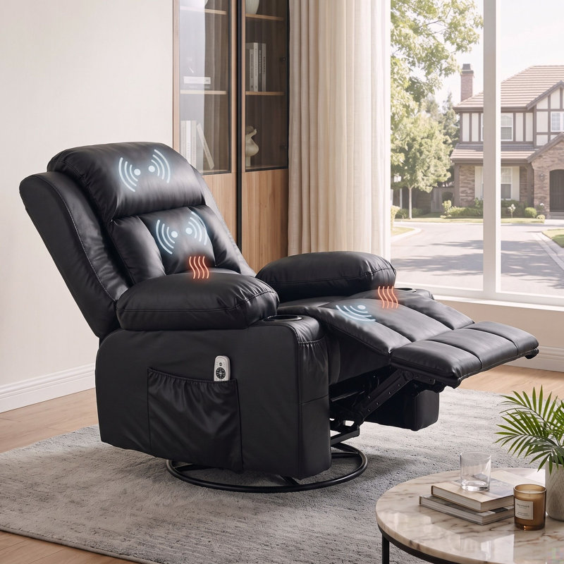 Fauteuil inclinable noir pivotant avec massage, soutien lombaire et porte-gobelets