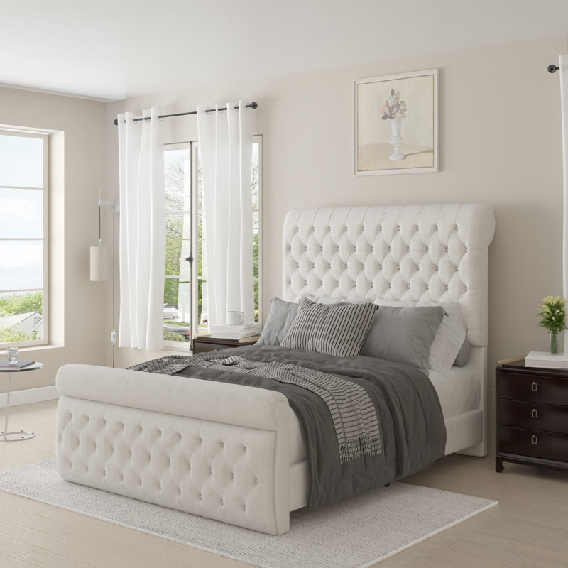 Mieya Queen Size Velvet Upholstered Sleigh Bed Platform Bed Frame, Beige