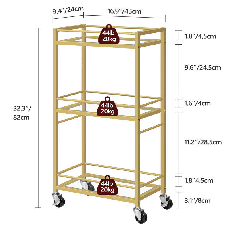 Noyal 3-Tier Glass Gold Bar Serving Cart Drink Cart on Wheels 