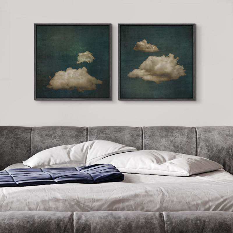 "Vintage Moody Clouds Illustration Modern Art Minimalist" 2 pièces, H 24 po x l 24 po, Cadre flottant noir