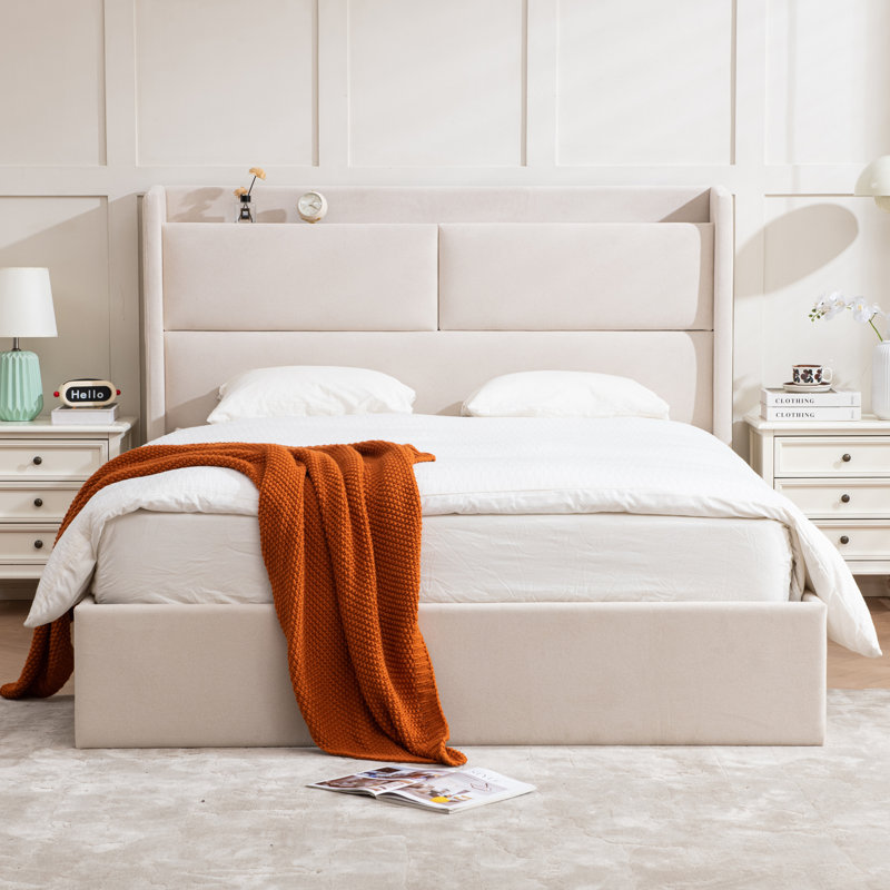 Hydraulic Lift Storage Upholstered Platform Bed With Storage Headboard, Queen, Beige