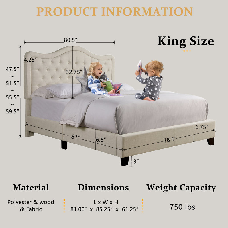 Structure de lit rembourrée en tissu avec tête de lit réglable, support à lattes de bois, lit plateforme capitonné, Beige