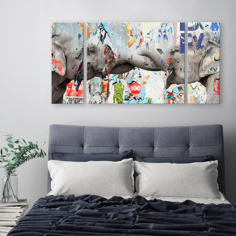 «Saddle Ink Elephant VI» par Tristan Scott - ensemble de 3 reproductions sur toile, Toile tendue, Pas de tapis