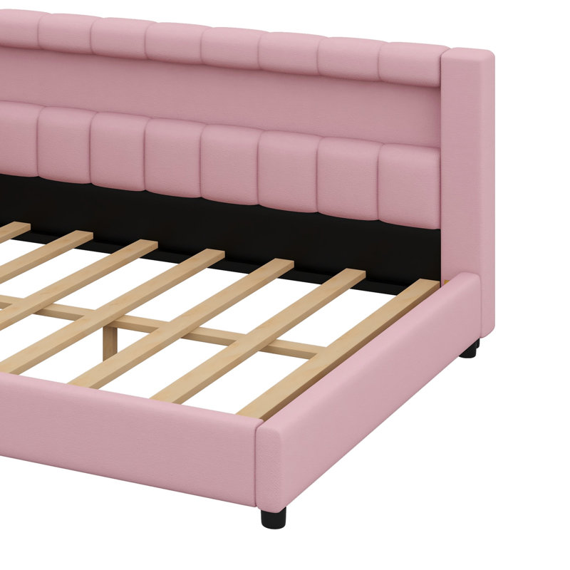 Modern Upholstered Platform Bed Featuring USB Ports and LED Belt, Double XL, Pink
