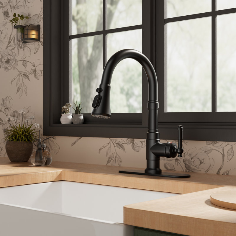 Robinet de cuisine rétractable à poignée simple avec plaque de pont, Noir mat