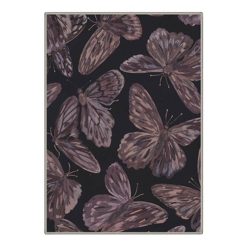 Aura Boho Butterflies Animal Print Machine Washable Purple / Black Indoor Area Rug with Non-Slip Backing, Rectangle 8' x 10'