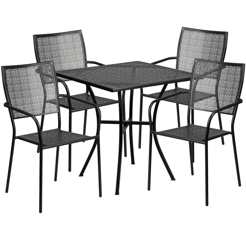 28" Black Steel Square Patio Dining Set with 4 Chairs
