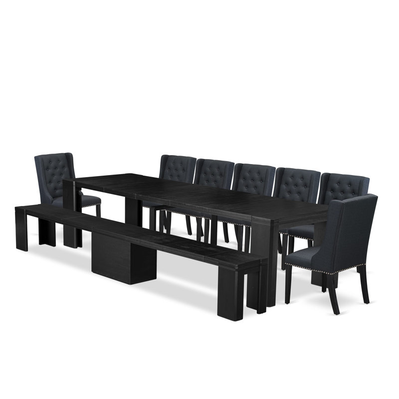 9 Pieces Extendable Dining Set Includes a Xtenczar Kitchen Table, 7 Linen Fabric Dining Chairs and 1 Modern Bench - (Finish Option)