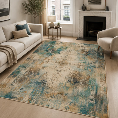 Netline Home Noble Watercolour Muted Green Abstract Washable Rug