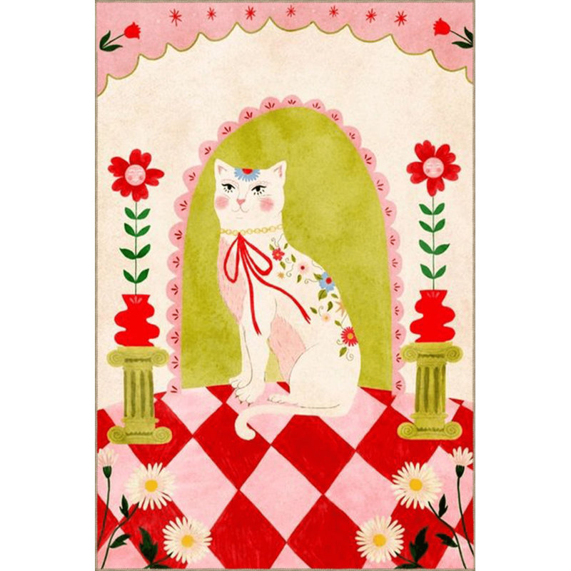 Tapis multicolore à motif floral rétro et motif de chat lavable à la machine, Rectangulaire 5 pi 1 po x 7 pi 7 po