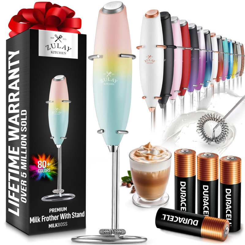 Zulay Kitchen Milk Frother with Batteries 4pcs Duracell Included - Handheld Milk Frother Wand Drink Mixer for Coffee, Latte, Cappuccino, Tea, Hot Chocolate