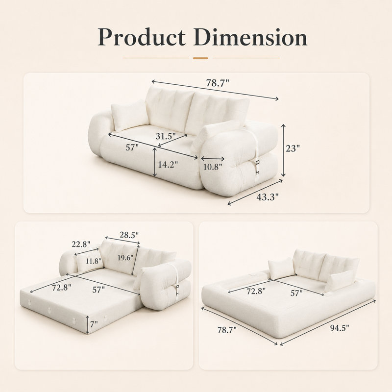 Canapé-lit convertible en chenille avec coussins, Molleton beige, Beige