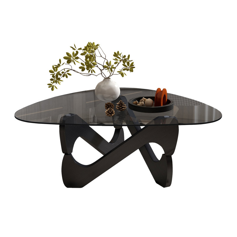 Table basse moderne en verre avec base en bois noir, table d'appoint de style Mid-Century 32,3 po pour le salon