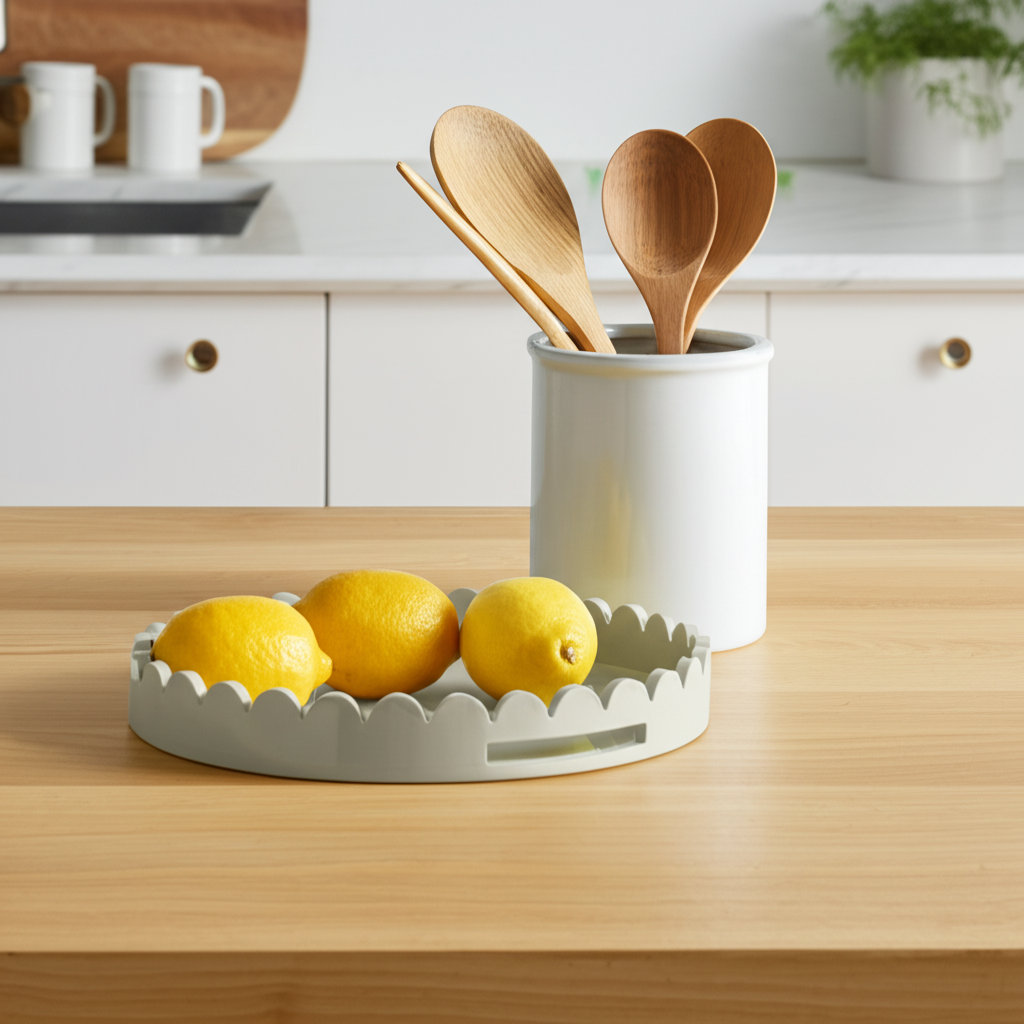Effa Hand-Crafted Round Scalloped Wood Tray, Gray
