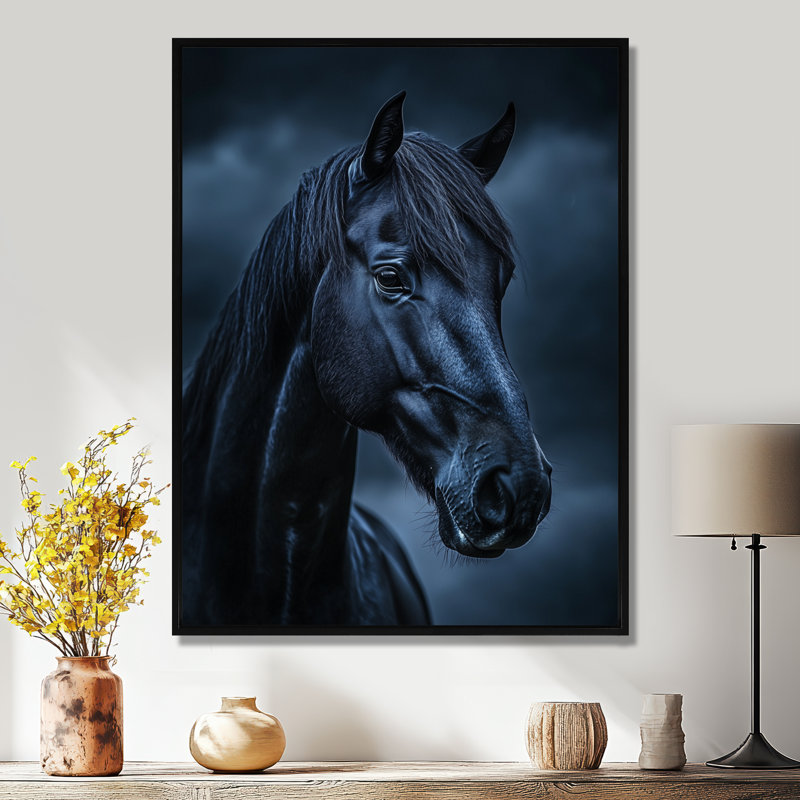 «Midnight Stallion II - Black Ranch», art mural, H 32 po x l 24 po, Cadre flottant noir