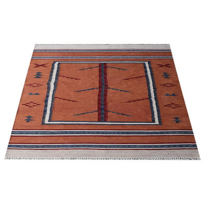 Tapis rectangulaires en laine tissés à la main Bilaal - Tissu rectangulaire | Orange et bleu | Design contemporain | Tapis de salon, chambre à coucher
