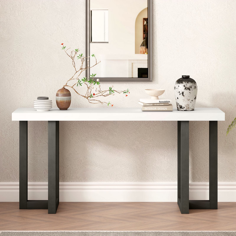 Console à conception géométrique avec pieds en pin massif, Blanc, Gris