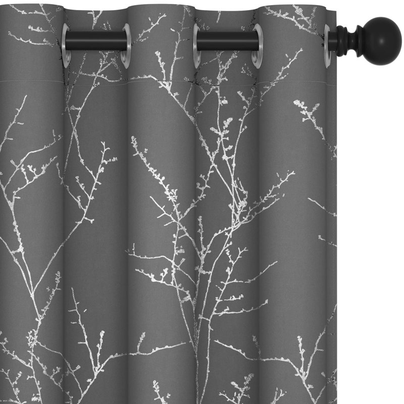 Silver Tree Branches Printed Pattern Blackout Grommet Curtains (Set Of 2), 42" W x 84" L, Light Gray
