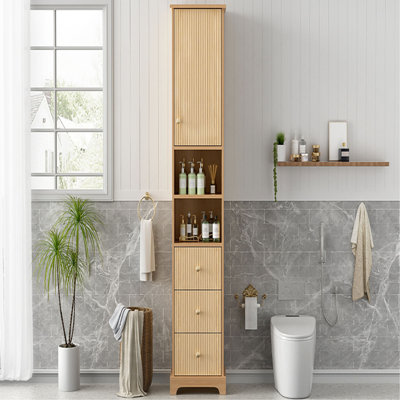 67.7" Tall Freestanding Bathroom Cabinet, Traditional American Style, 1 Door With Adjustable Shelf, 3 Drawers, Open Storage, Gold Metal Handles, Damping Hinges, Space-Saving Design