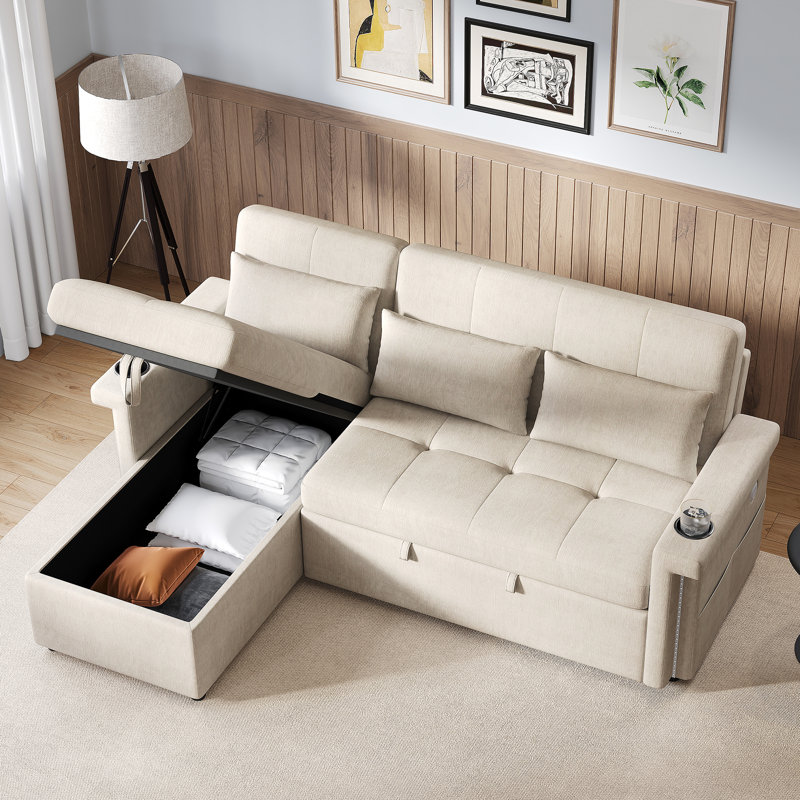 3 Seater Chenille Sofa Bed, Beige