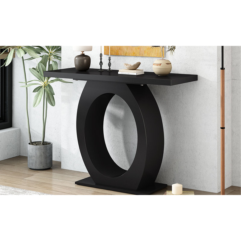 Console moderne, base en forme d'œuf. Noir + décor intérieur. 38,58 po Profondeur, 15,61 de largeur, 33,02 de hauteur. Table de soutien exceptionnelle avec base de poids et design épuré pour un salon polyvalent