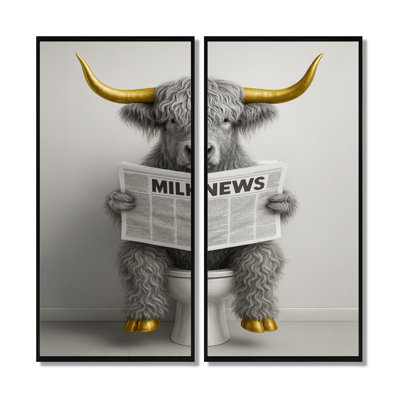 «Gold Highland Cow Gold lecture sur la toilette», reproduction d'art sur toile, 2 pièces