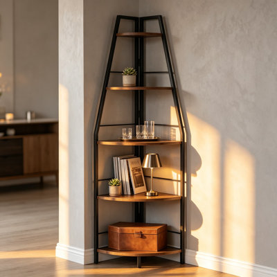 Étagère de coin haute avec structure en métal et étagères en bois, style industriel, idéale pour le salon, la chambre à coucher, le bureau ou l'entrée, couleur brun rustique.