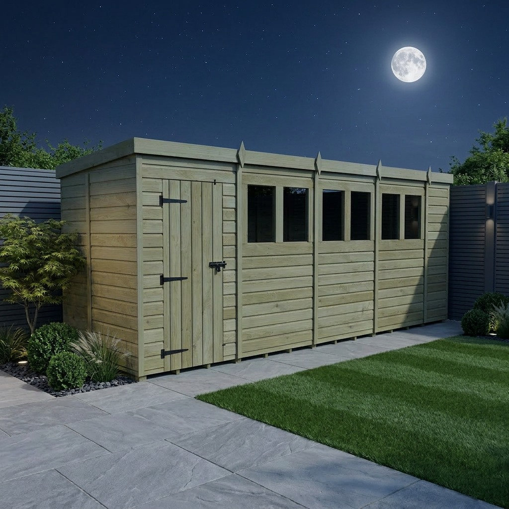 Total Sheds 18ft x 5ft Pent Garden Shed - Single Door - With Windows - Pressure Treated Timber - UK Manufactured