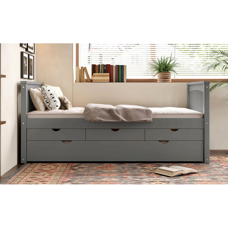 Twin Platform Bed With Drawers And Trundle, Solid Wood Daybed, No Spring Box Needed, Gray