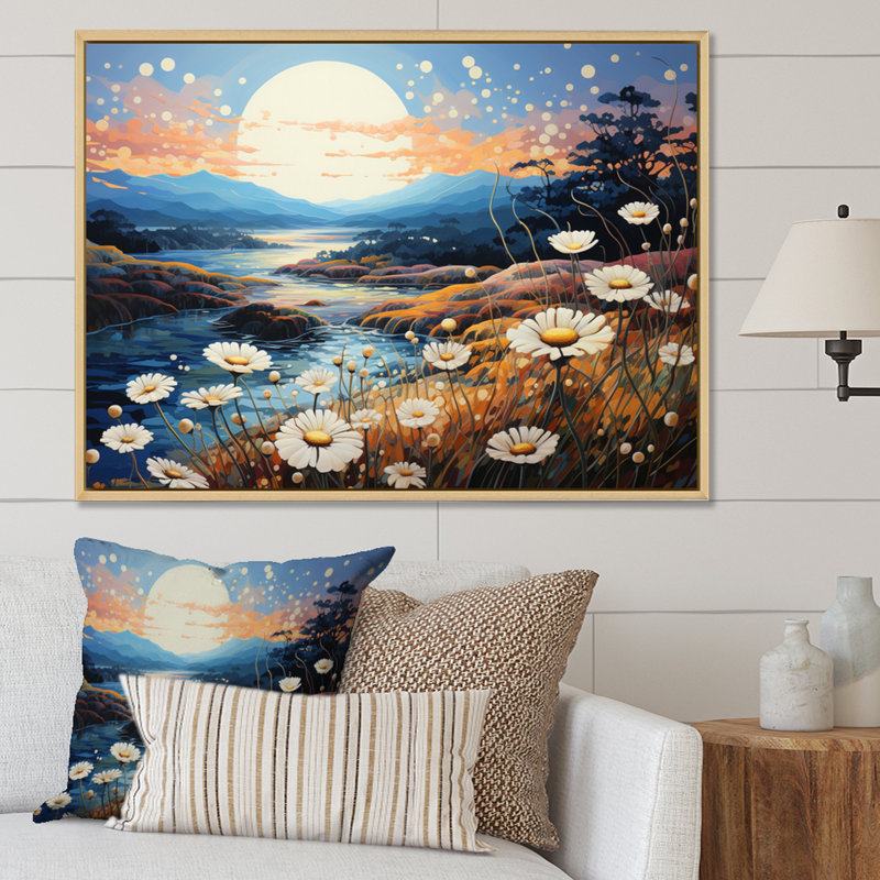 Mums Field Pointillism Dot I - Imprimé, Cadre naturel flottant, H 12 po x l 20 po x P 1 po