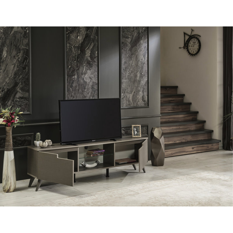 Meuble télé Mid-Century 2 armoires 2 portes 1 tablette en verre Unité de télévision 66 po