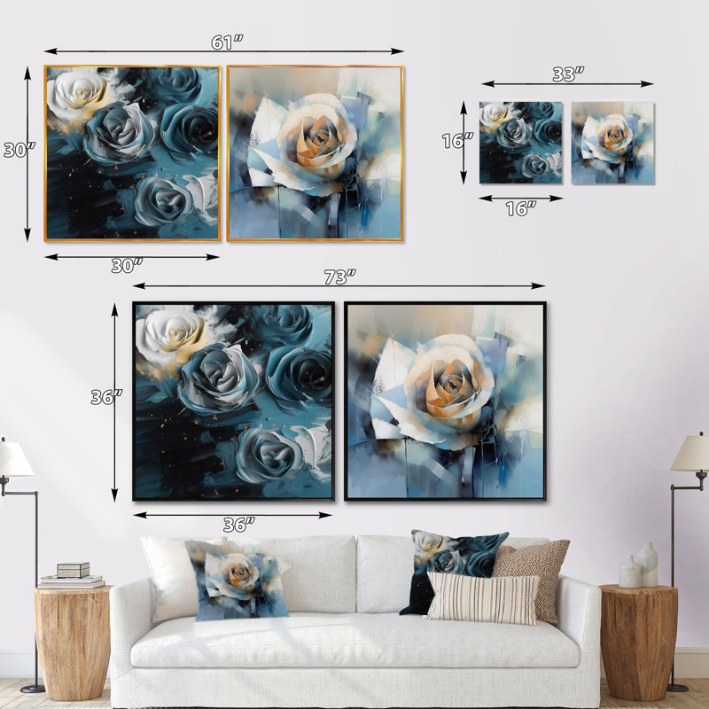 Blue Roses In Bloom - Ensemble de 2 collages carrés roses, Cadre flottant noir, H 30 po x l 61 po