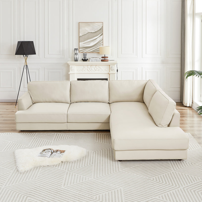  Byrle Mid Century Modern Genuine Leather Cozy Sectional Sofa, Cream Genuine Leather, Right Hand Facing