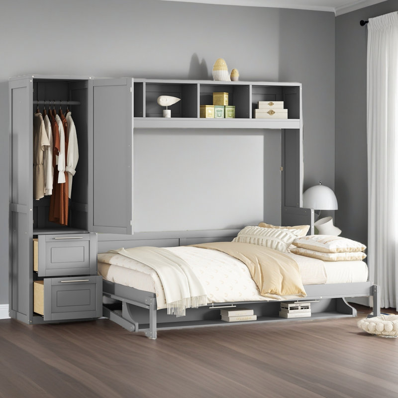 Grand lit escamotable mural avec placard et tiroirs, Gris