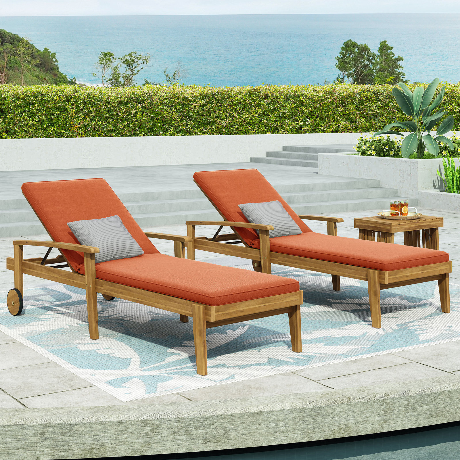 Saeon 78.75" Long Reclining Acacia Single Chaise with Cushions , Orange