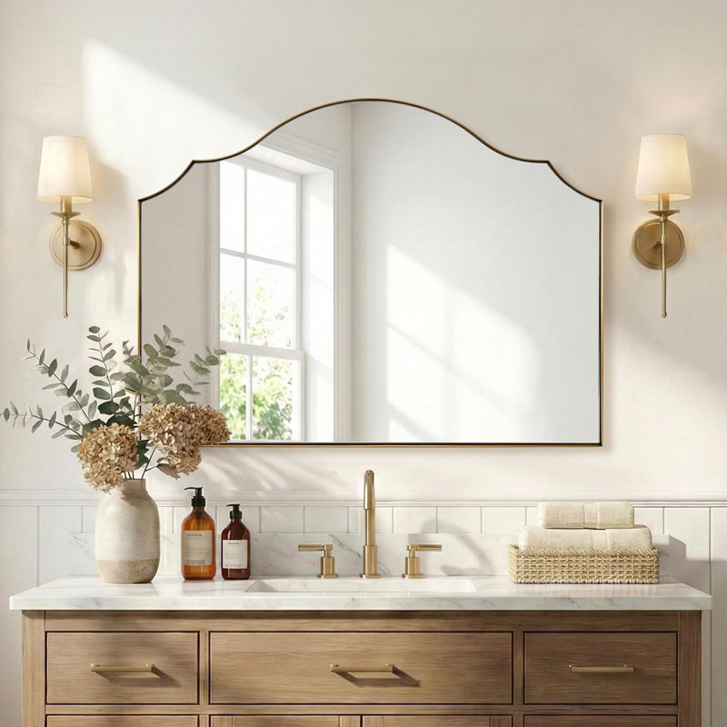 Scalloped Arch Bathroom Vanity Mirror with Curved Top | Stainless Steel Frame, 30" x 40", Brushed Gold
