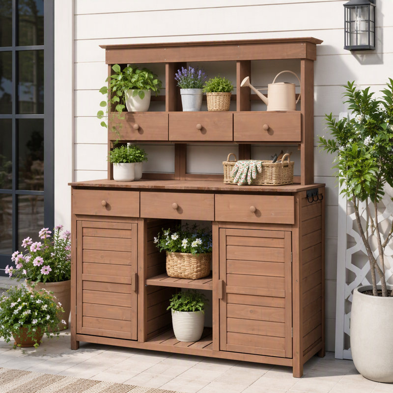 Banc de jardinage haut de 65,7 po avec 6 tiroirs et 3 tablettes, Brun