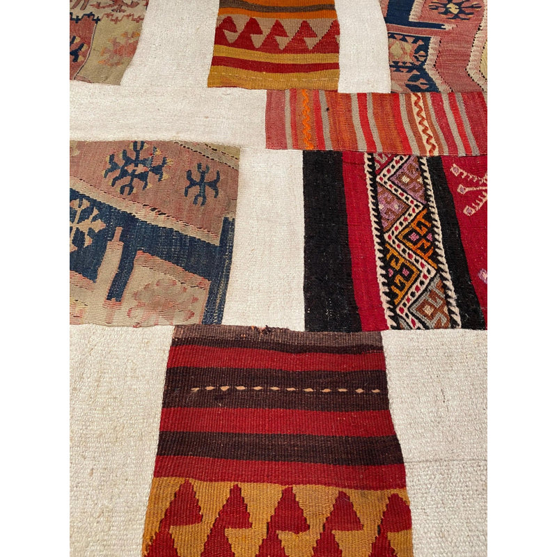 Tapis beige / ivoire en coton / laine 8 pi x 10 pi Patchwork