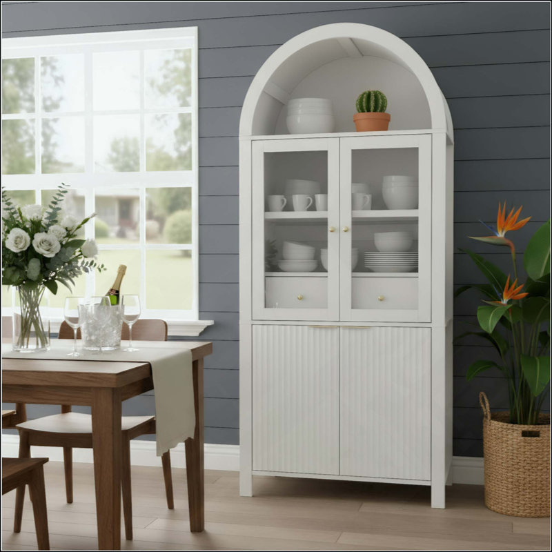 Grand garde-manger arqué cannelé de 71 po avec tablettes réglables, rangement élégant avec tiroir caché et porte vitrée pour la cuisine, le salon, la salle à manger, blanc