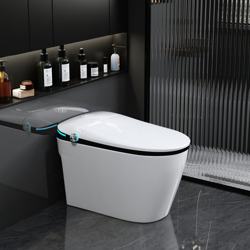 Toilette intelligente avec capteur de pied à fermeture automatique, chasse d'eau siphonique, eau chaude, lavage arrière, siège blanc ouvert / fermé bidet, affichage à DEL, sécheuse, porcelaine féminine, désodorisation, lavage en mouvement