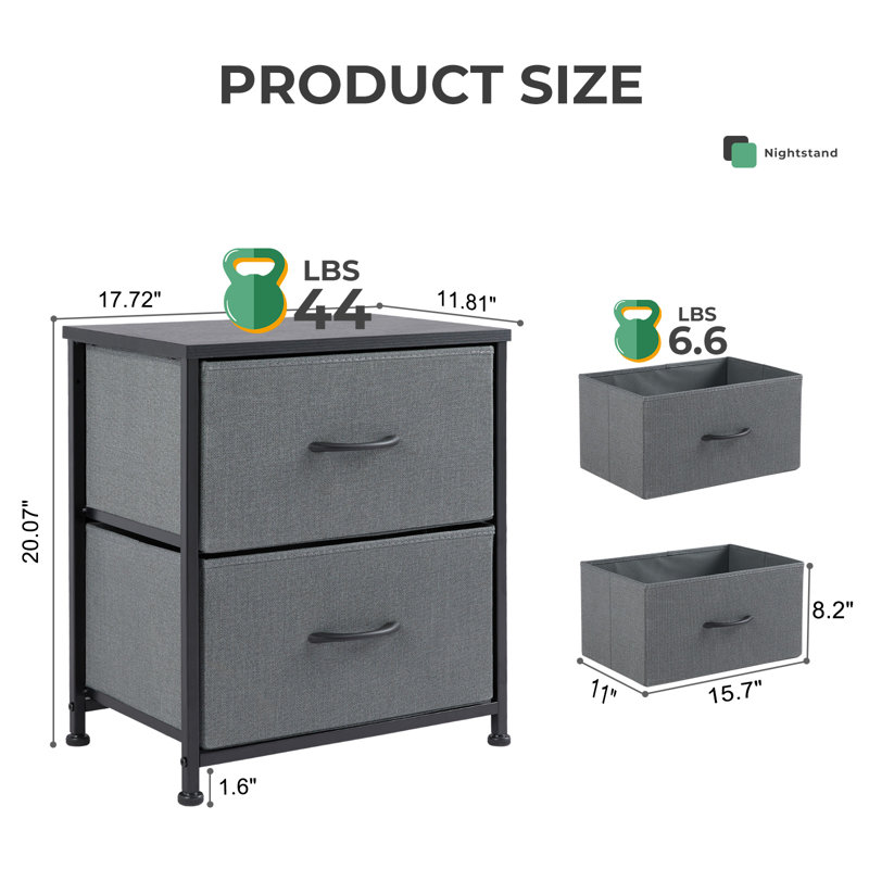 20" Height 2 Drawers Nightstand Bedside End Table with Metal Frame, Gray