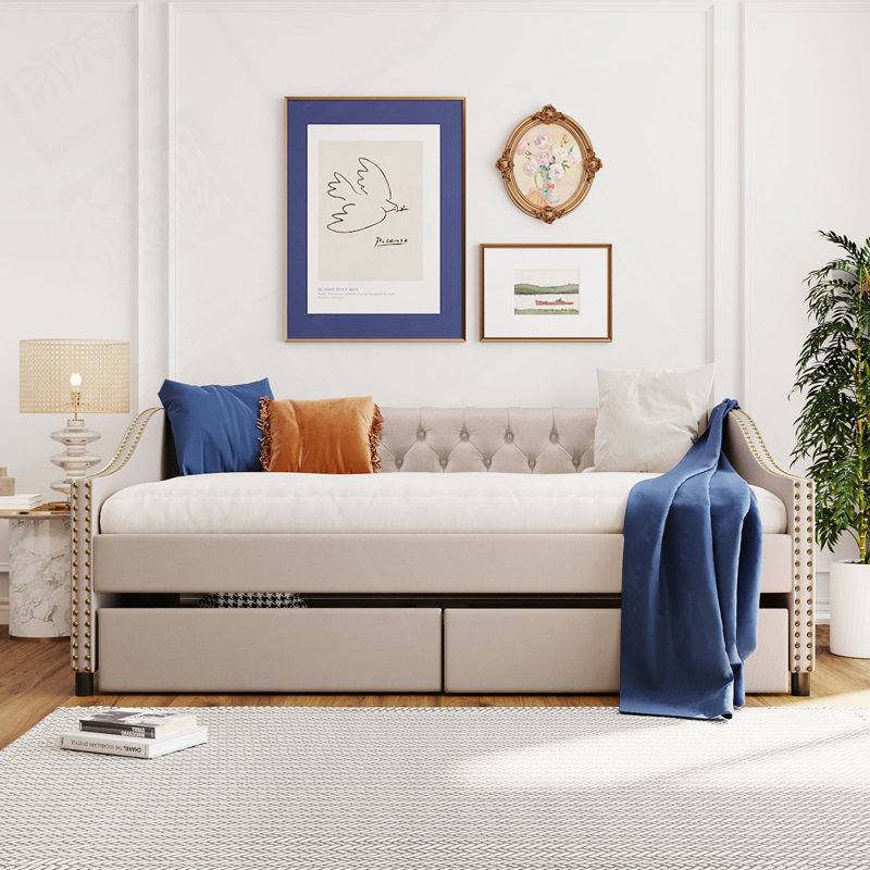 Tuft Linn Upholstered daybed with Two Drawers, Beige
