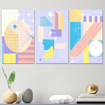 70S Pastel Abstract Geometrics I - Ensemble d'art moderne Mid-Century de 3 pièces
