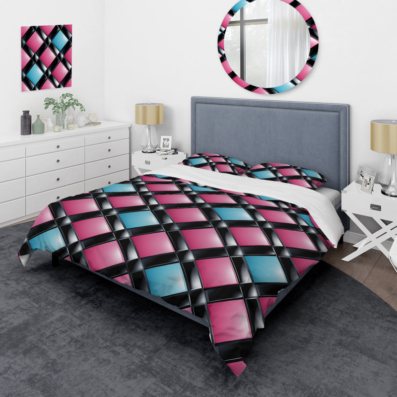 Literie en damier rose et bleu, Housse de couette pour très grand lit et 2 très