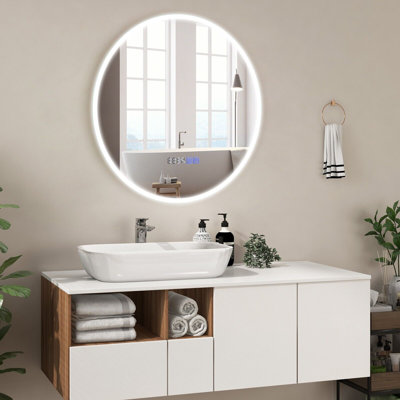 LED Bathroom Mirror Wall Mounted Round Mirror W/3-Color Lights