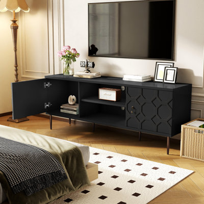 Contemporary TV Stand for 55-75 Inch TVs, Entertainment Center with Storage Cabinets and Open Shelves, Textured Pattern Console for Living Room
