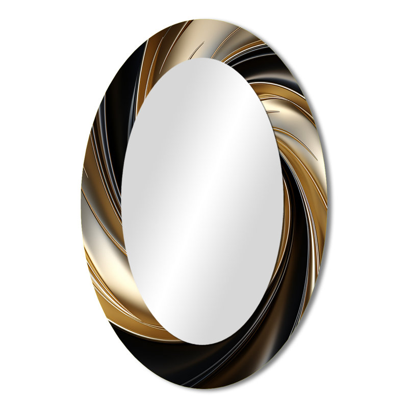Abstrait spirale abstraite or liquide et noir - Miroir décoratif abstrait ovale sur métal, 36 po x 24 po