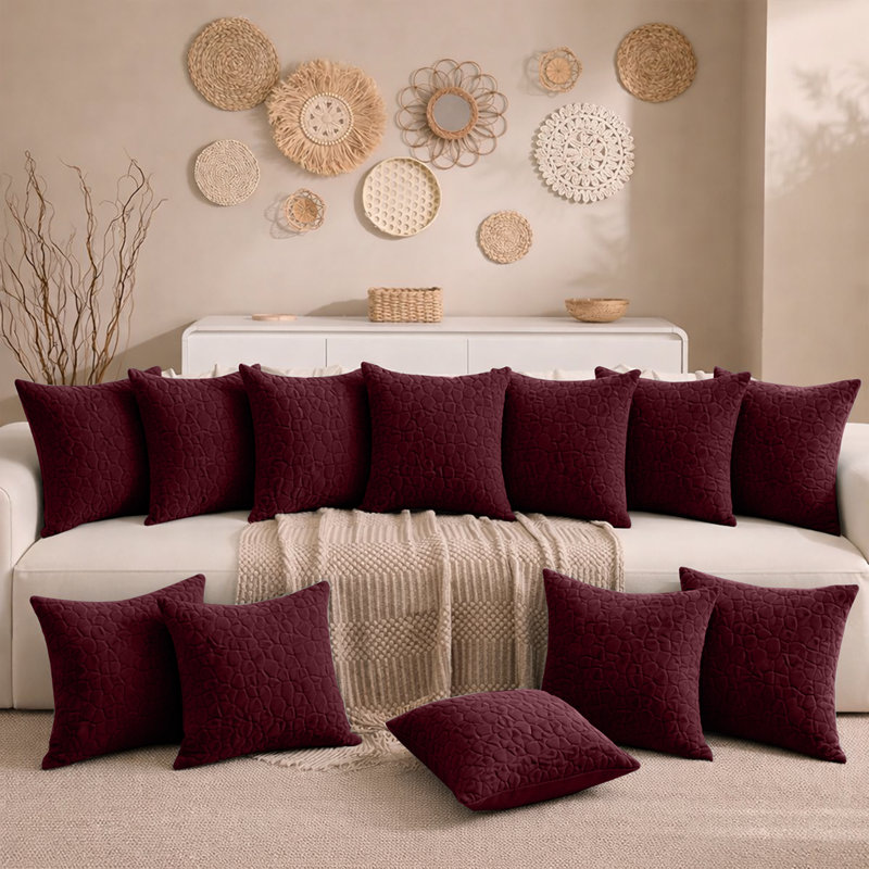 Aspire Homeware Geometric Square Velvet Cushion Covers, Pack of 12, Burgundy