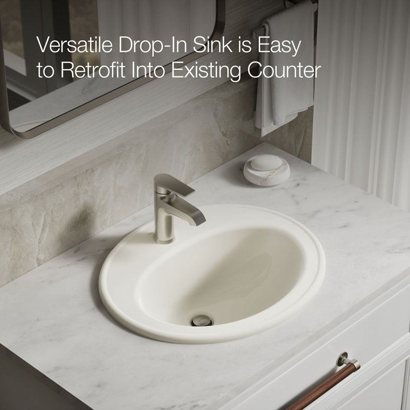 Pennington Ceramic Oval Drop-In Bathroom Sink with Overflow, Biscuit, Single