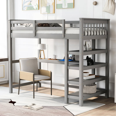 Lit mezzanine simple gris avec rangement et bureau - Fabrication en bois massif pour l'espace dans les tablettes